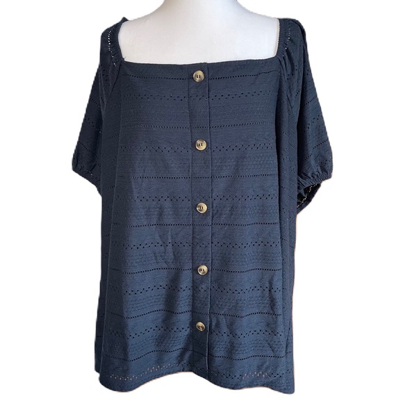 Lane Bryant Women’s Blue Peasant Eyelet Short Puff Sleeve Top Shirt Size 26/28 - Picture 1 of 10